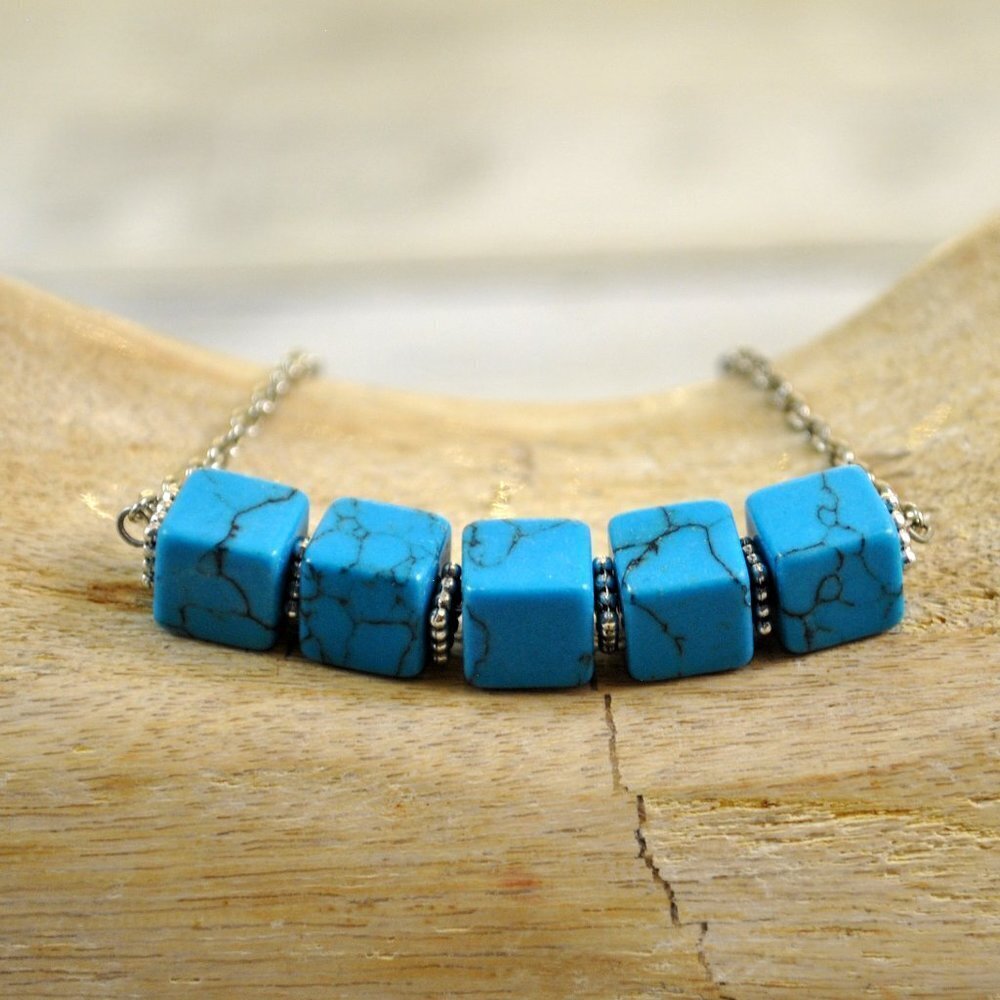 Turquoise Howlite Bar Necklace Handmade Cube Square​​​​